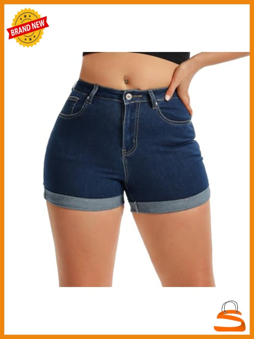 High Waisted Stretch Denim Shorts Cuffed Hem Jean Shorts Summer